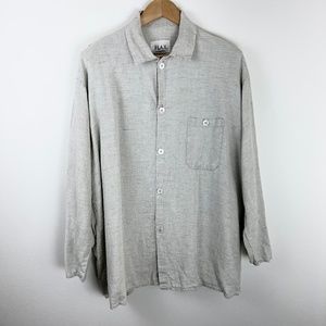 FLAX By ANGELHEART Medium 100% Linen Blouse Top Sage Green Striped Long Sleeve